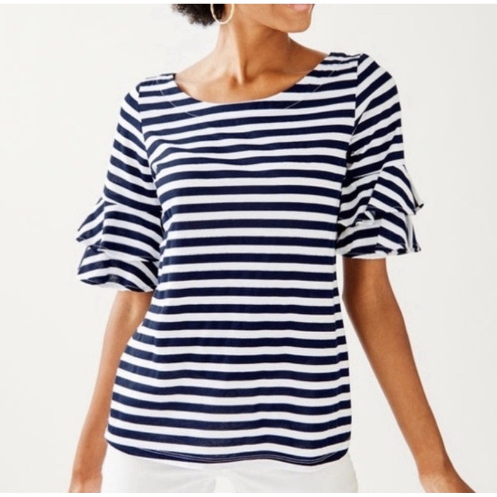Lilly Pulitzer Lula Striped Top Size L Nautical Ruffle Sleeve Tropical Vacation